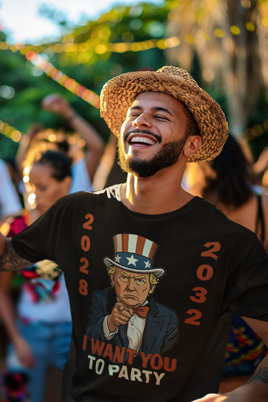 Smiling man wearing I Want You To Party Campaign 2028 Shirt at a lively outdoor party.