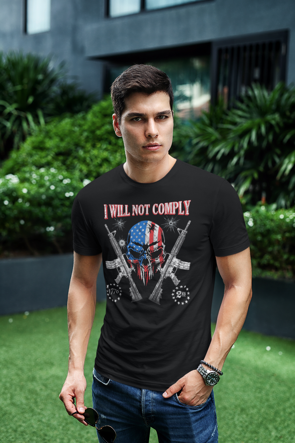 Model wearing I Will Not Comply Strong Message Casual Wear Tee with bold graphic design outdoors.