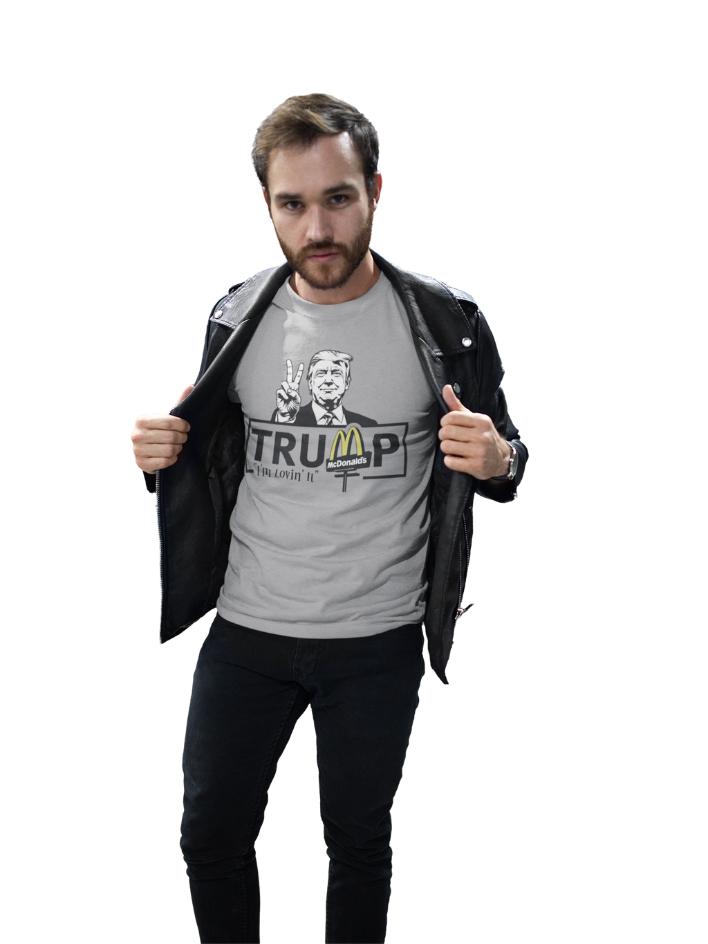 Model wearing the Trump Lovin It Signature Design graphic tee, showcasing patriotism and personal values.