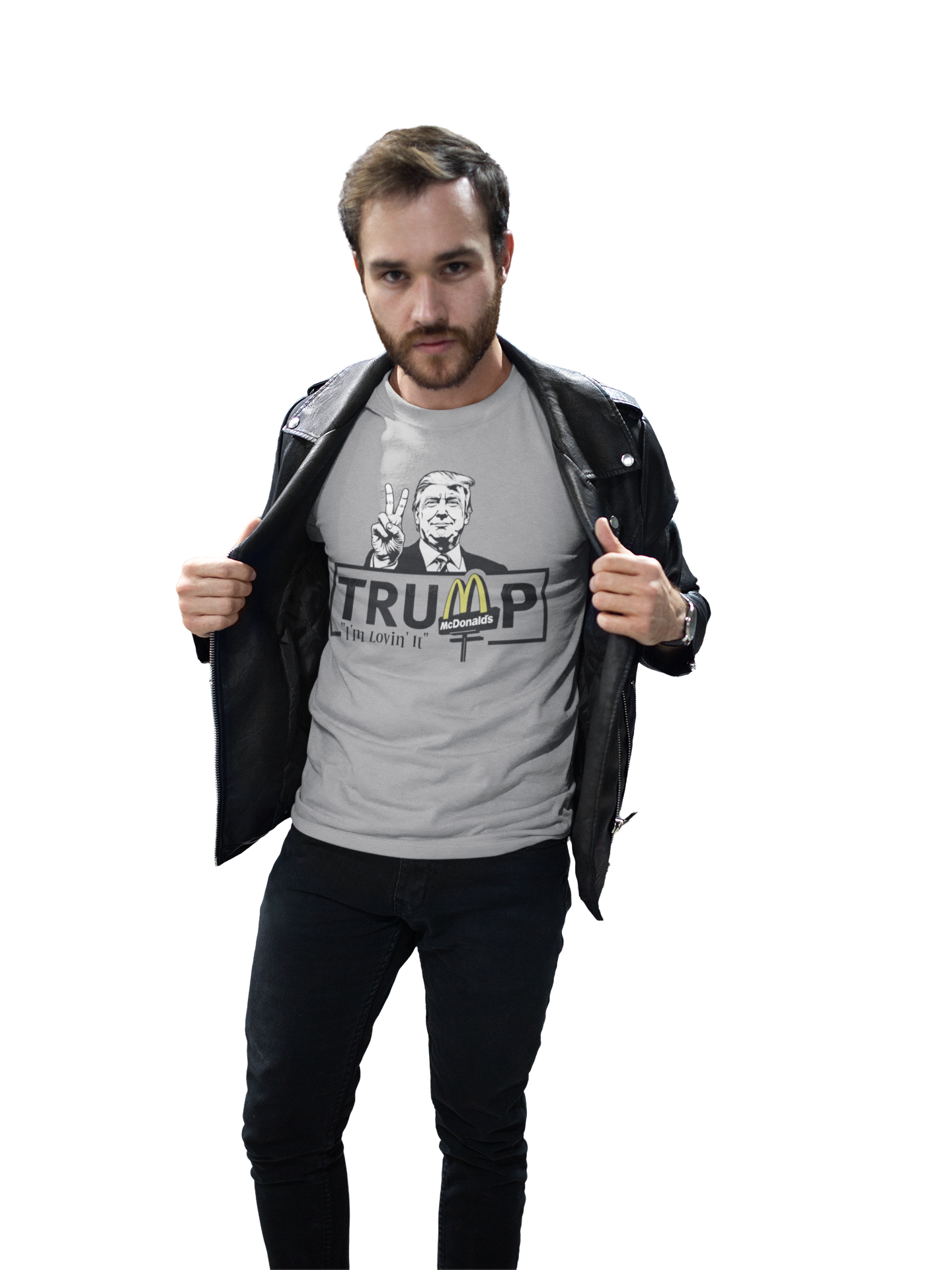 Model wearing the Trump Lovin It Signature Design graphic tee, showcasing patriotism and personal values.