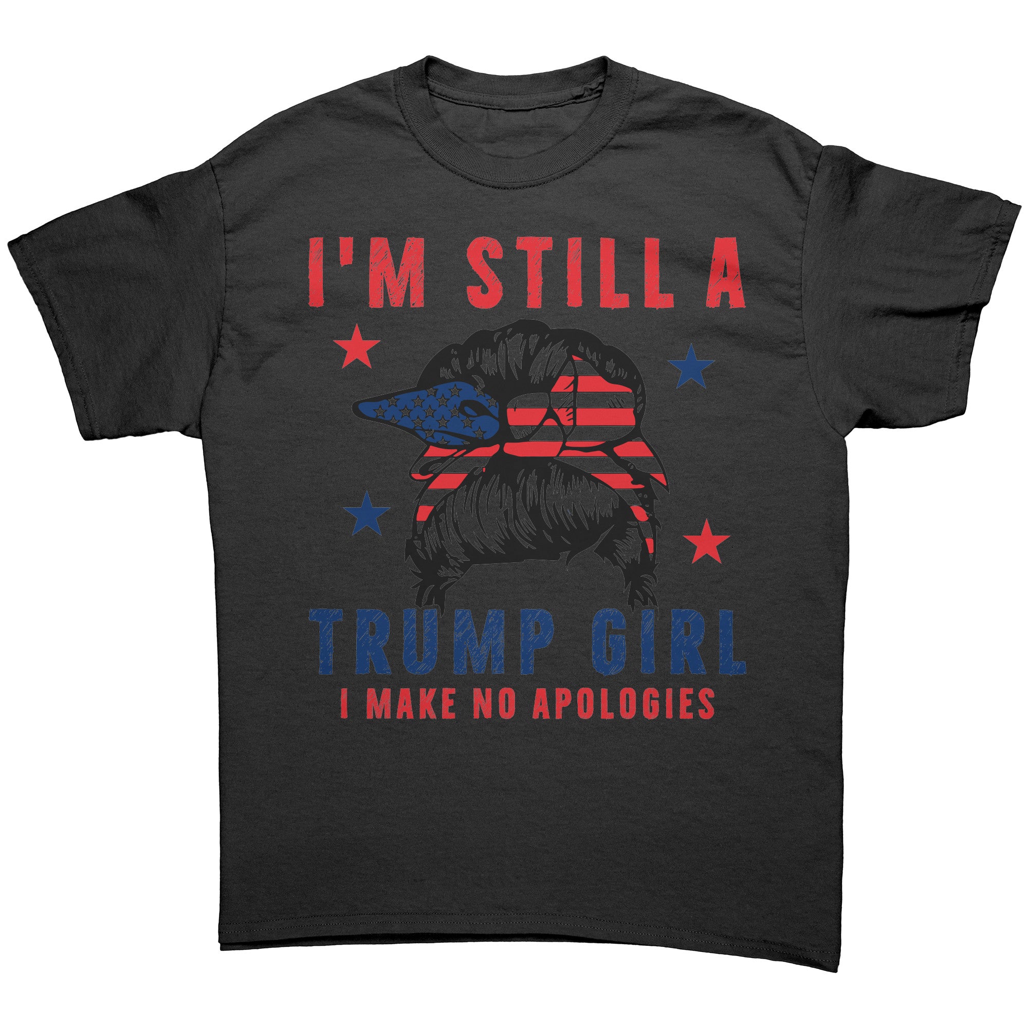 "Proud Trump Girl Official Style" graphic tee with patriotic design, featuring stars and stripes in red, white, and blue.