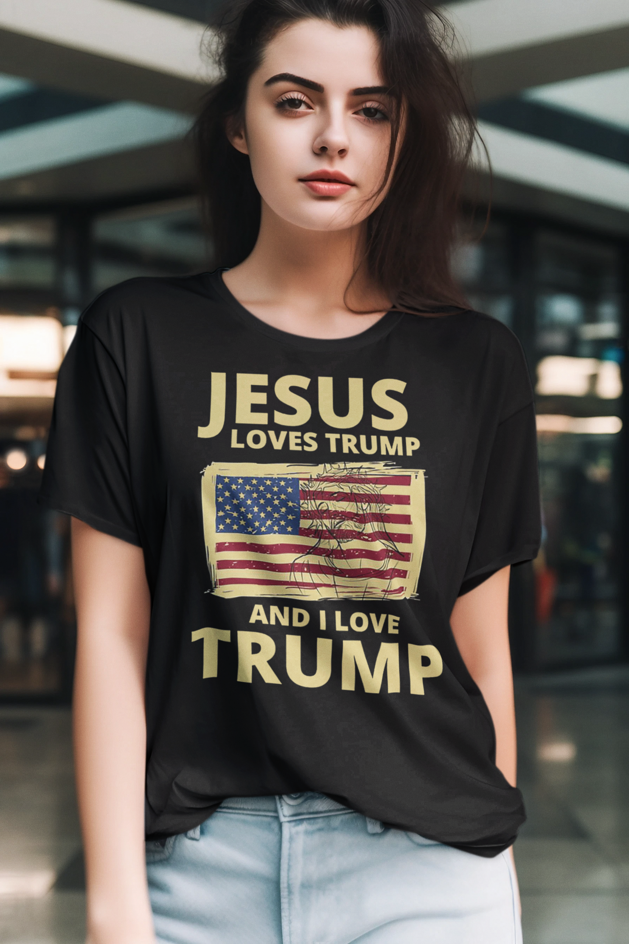 Woman wearing a black t-shirt with 'JESUS LOVES TRUMP AND I LOVE TRUMP' print and American flag design.