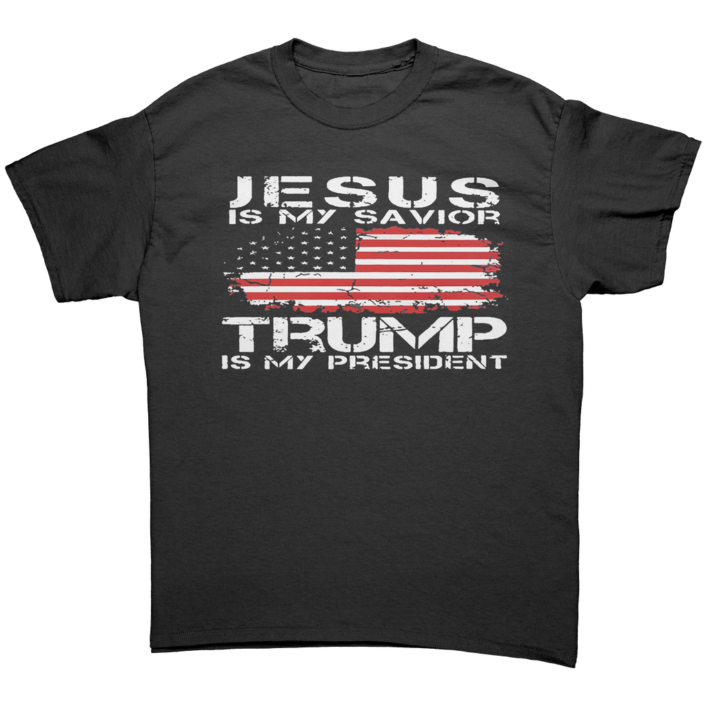 Christ My Savior Trump My Guide graphic tee featuring patriotic design and bold text.