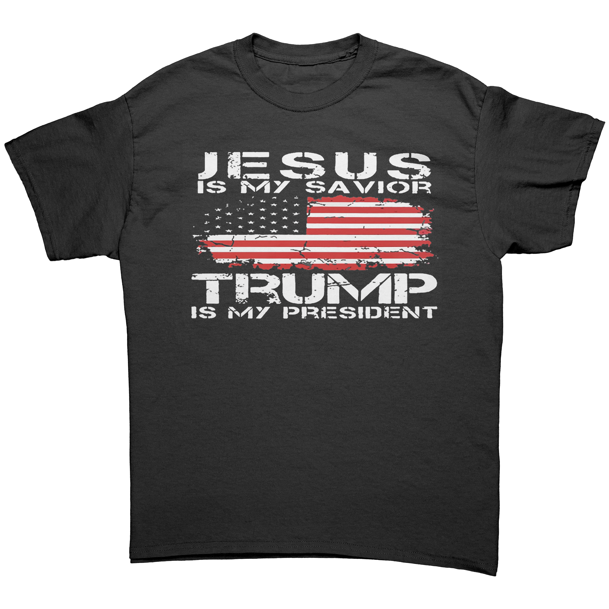 Christ My Savior Trump My Guide graphic tee featuring patriotic design and bold text.