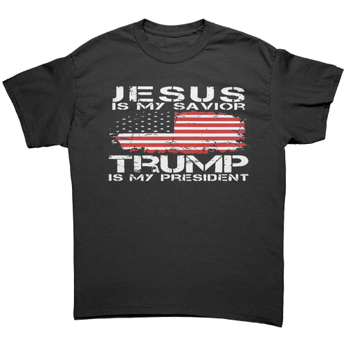 Christ My Savior Trump My Guide graphic tee featuring patriotic design and bold text.