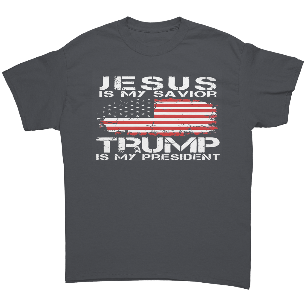 Christ My Savior Trump My Guide graphic tee featuring an American flag design and a bold message.