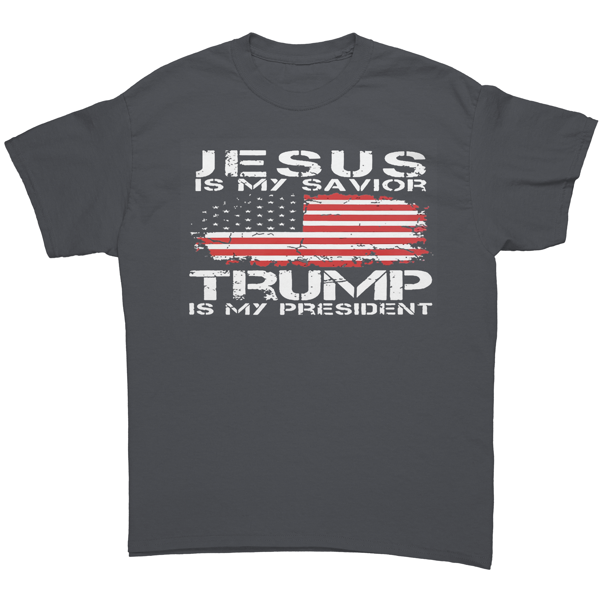 Christ My Savior Trump My Guide graphic tee featuring an American flag design and a bold message.