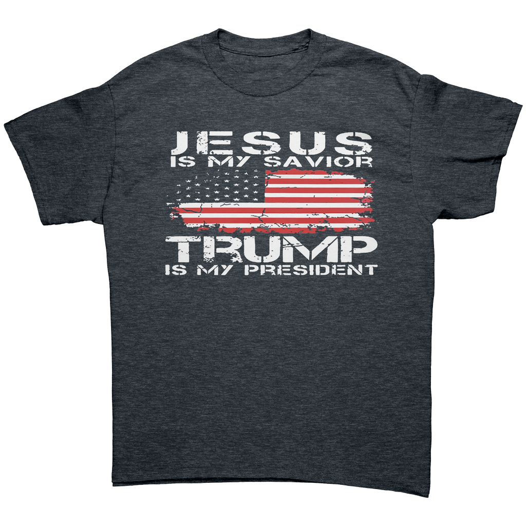 Christ My Savior Trump My Guide graphic tee featuring patriotic design with bold text.