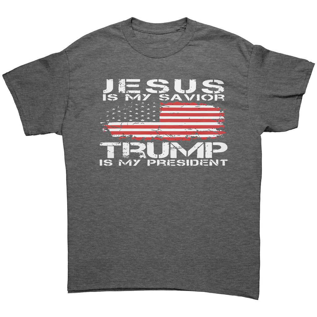 Christ My Savior Trump My Guide graphic tee featuring patriotic design with text and American flag elements.