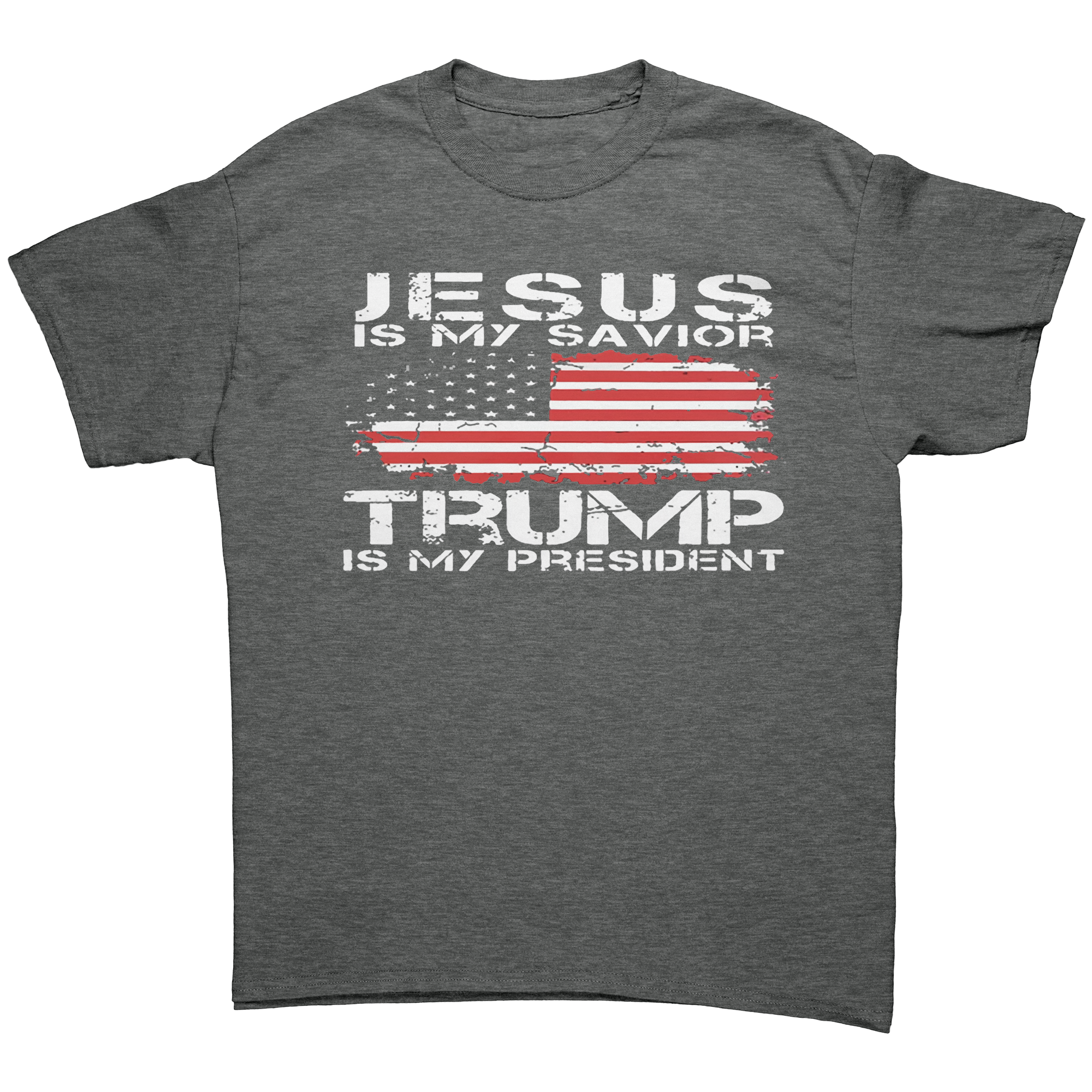 Christ My Savior Trump My Guide graphic tee featuring patriotic design with text and American flag elements.