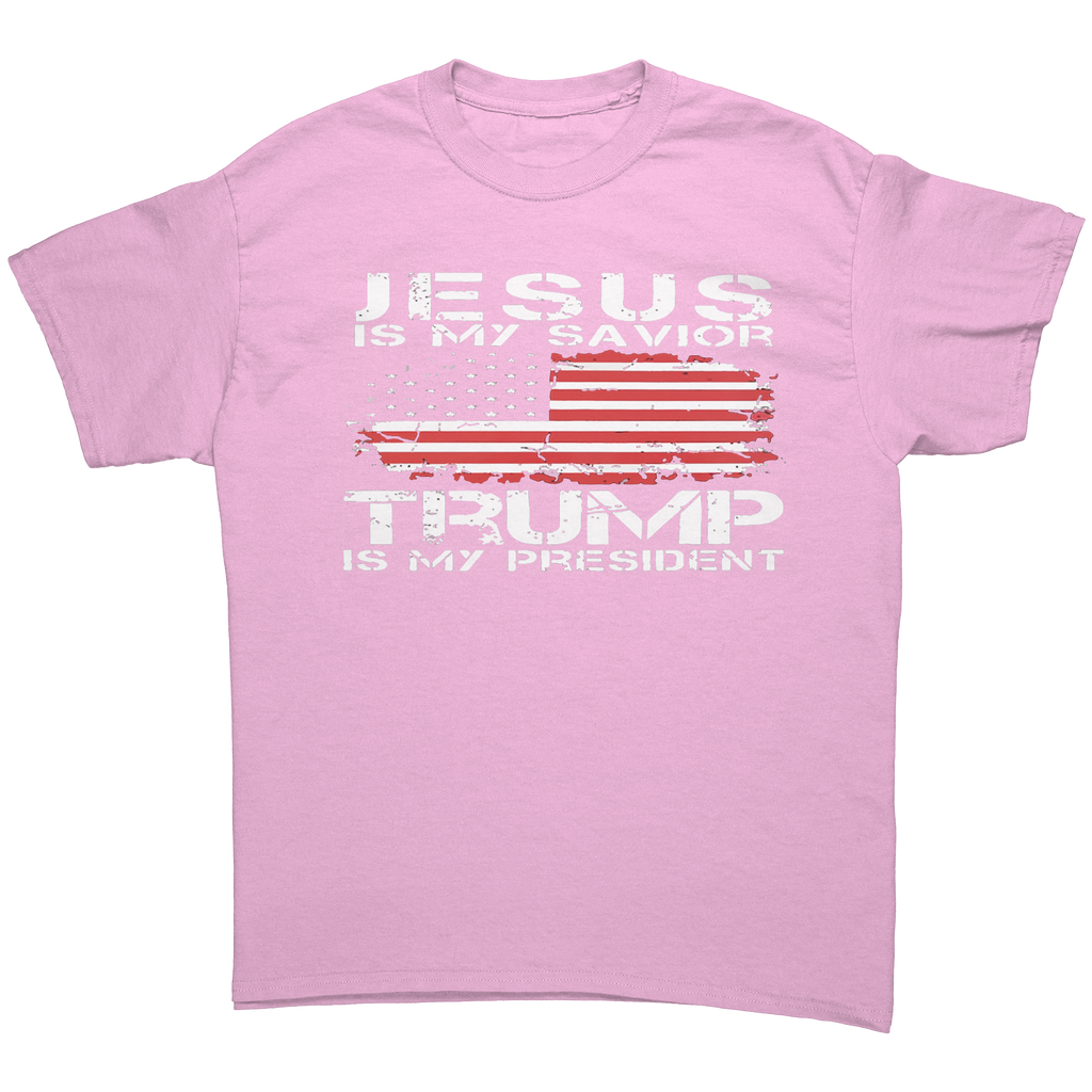 Christ My Savior Trump My Guide graphic tee with patriotic design and bold text.