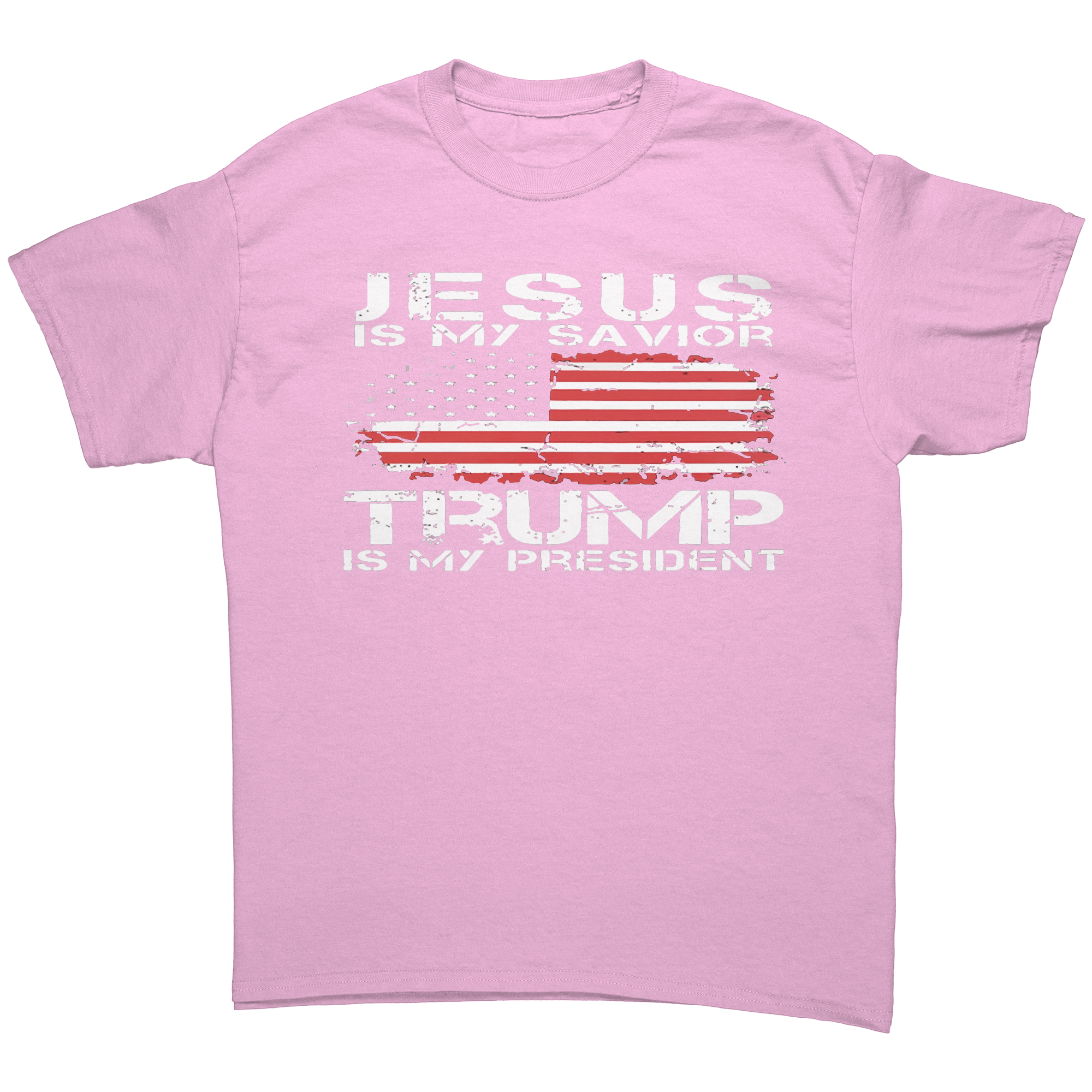 Christ My Savior Trump My Guide graphic tee with patriotic design and bold text.