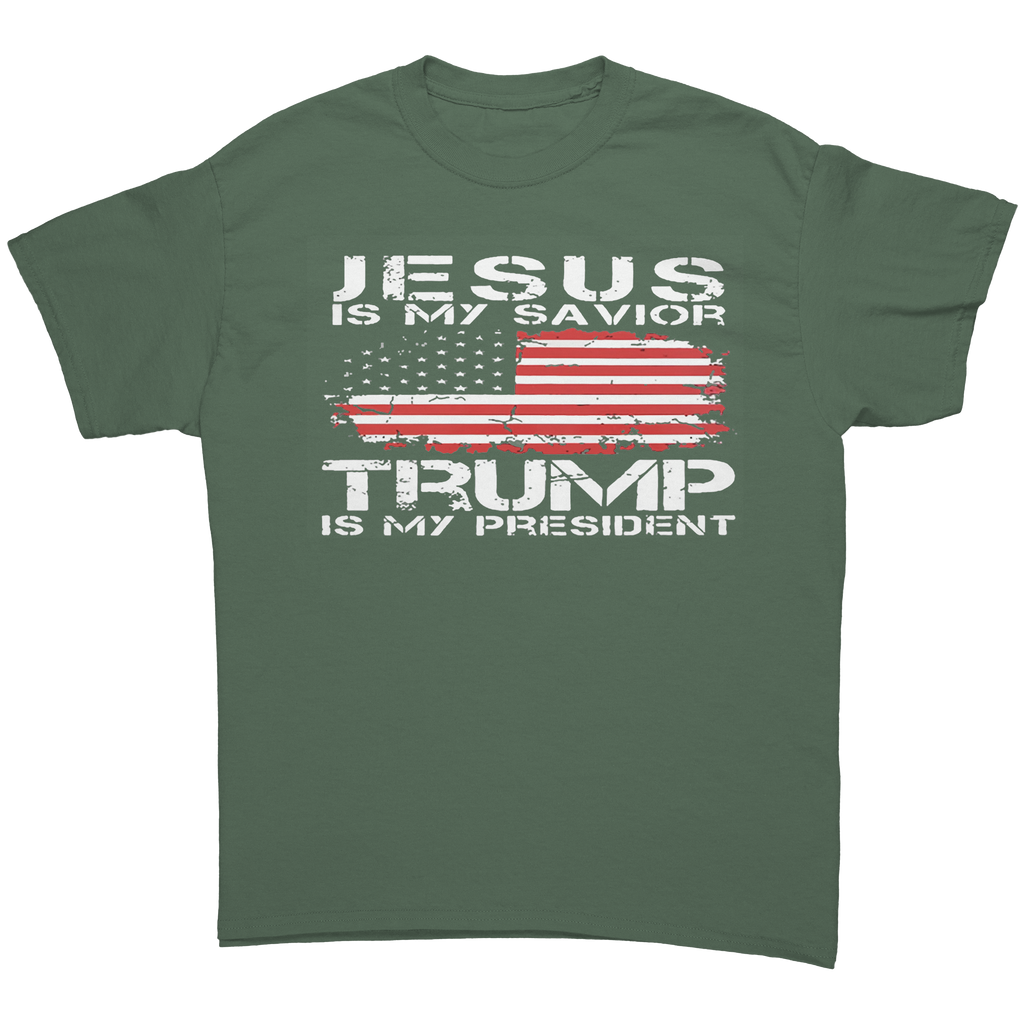 Christ My Savior Trump My Guide graphic tee featuring a bold design with an American flag.