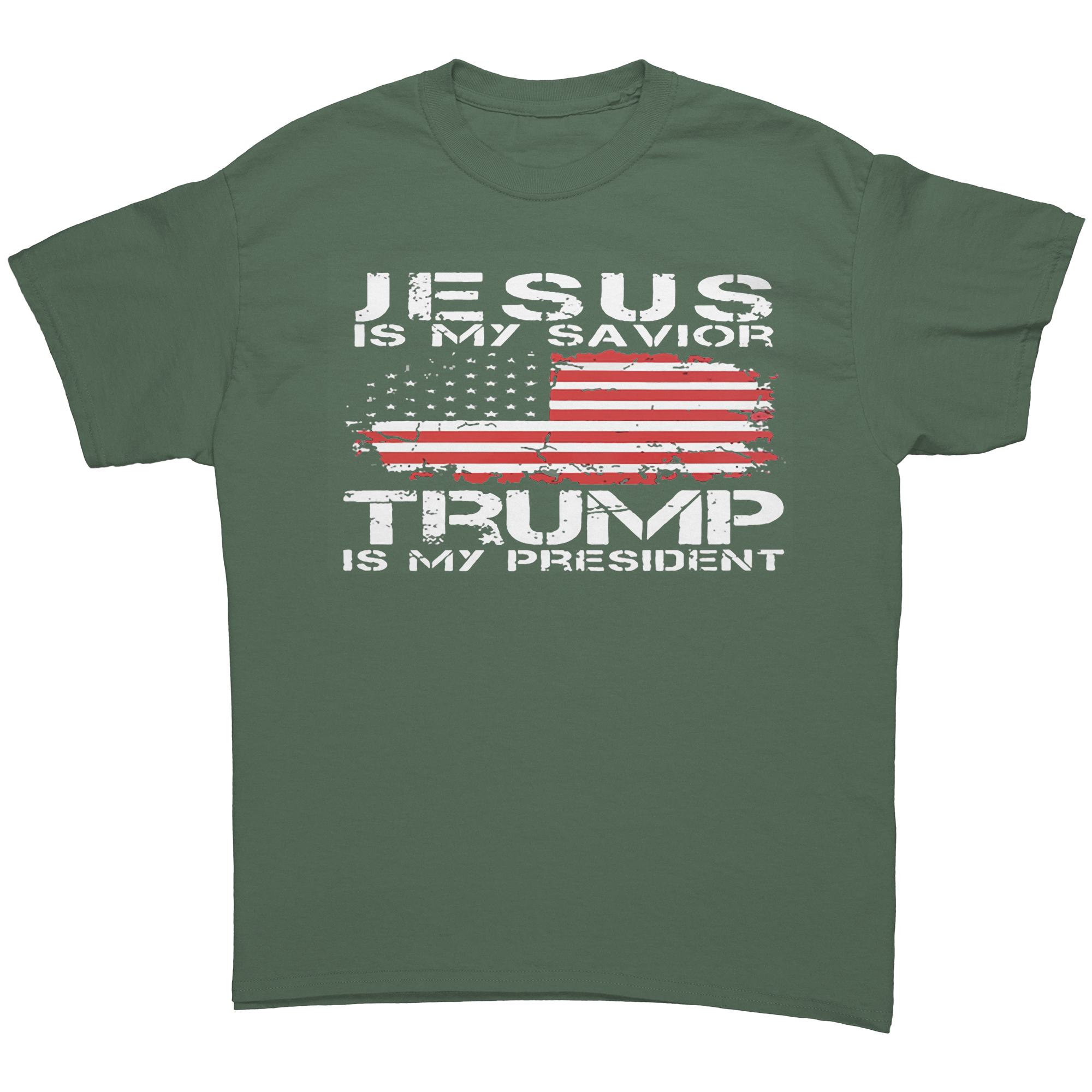 Christ My Savior Trump My Guide graphic tee featuring a bold design with an American flag.