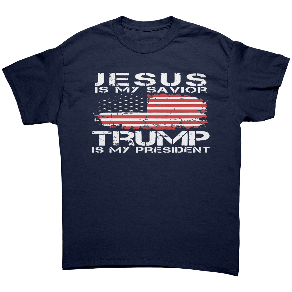 Christ My Savior Trump My Guide graphic tee featuring patriotic text and American flag design.