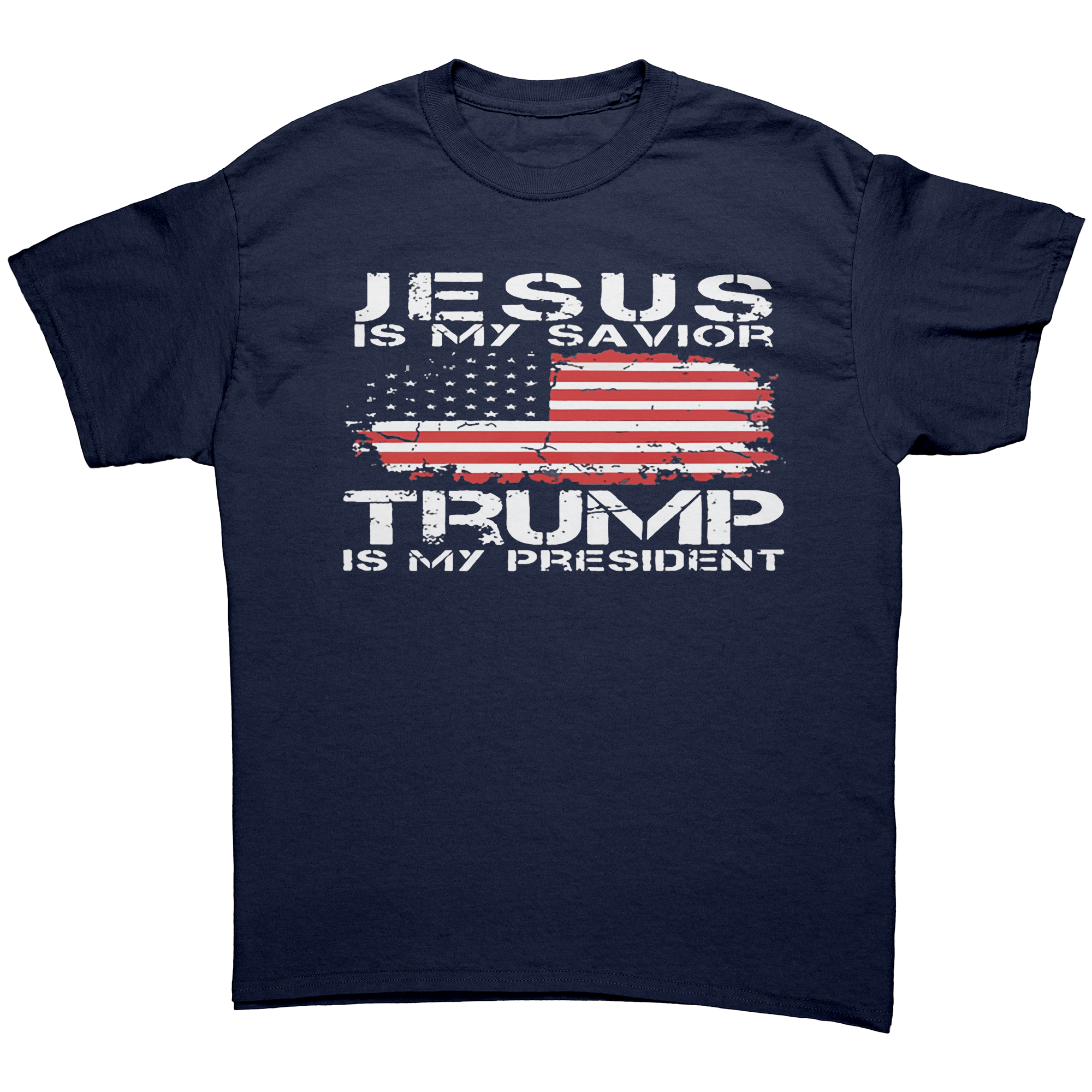 Christ My Savior Trump My Guide graphic tee featuring patriotic text and American flag design.