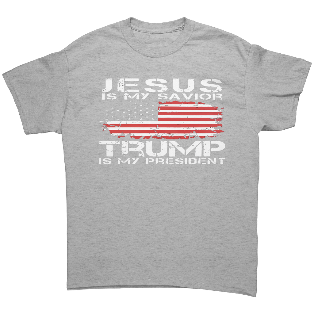 Christ My Savior Trump My Guide graphic tee featuring patriotic design with text and flag.