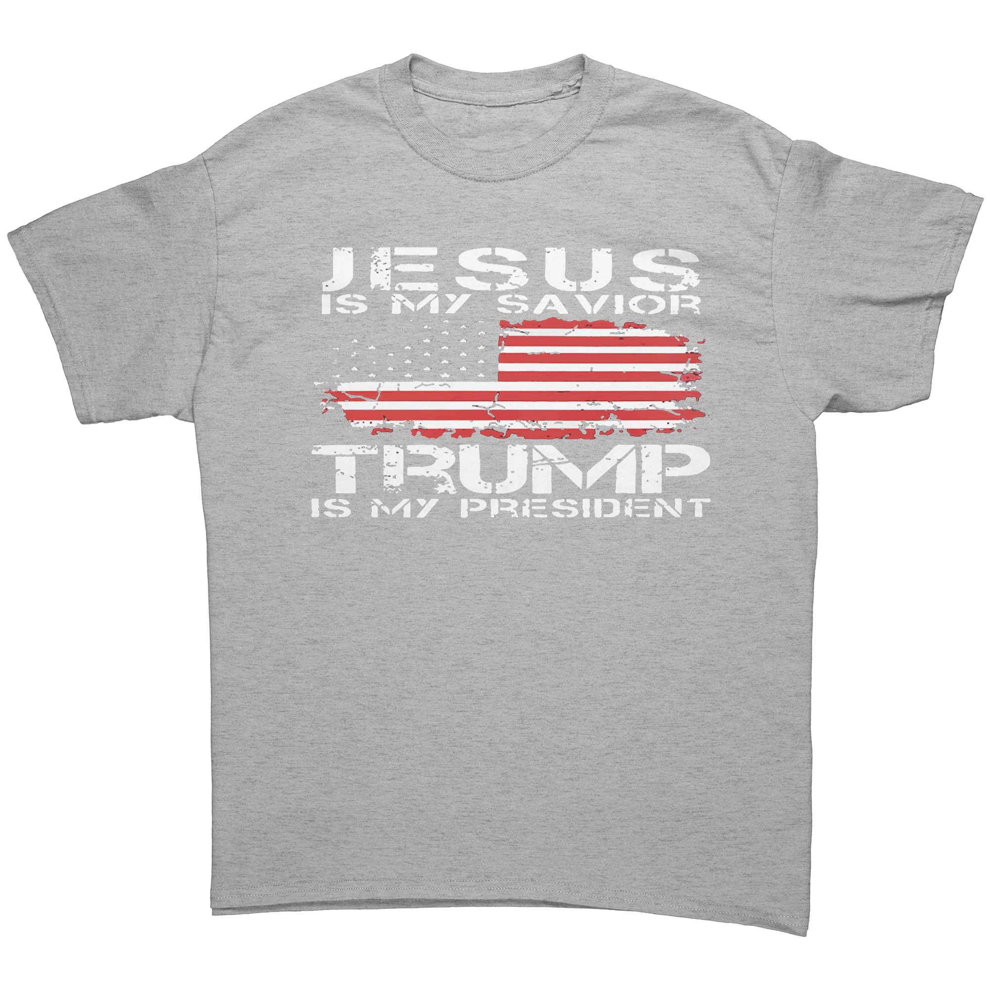 Christ My Savior Trump My Guide graphic tee featuring patriotic design with text and flag.
