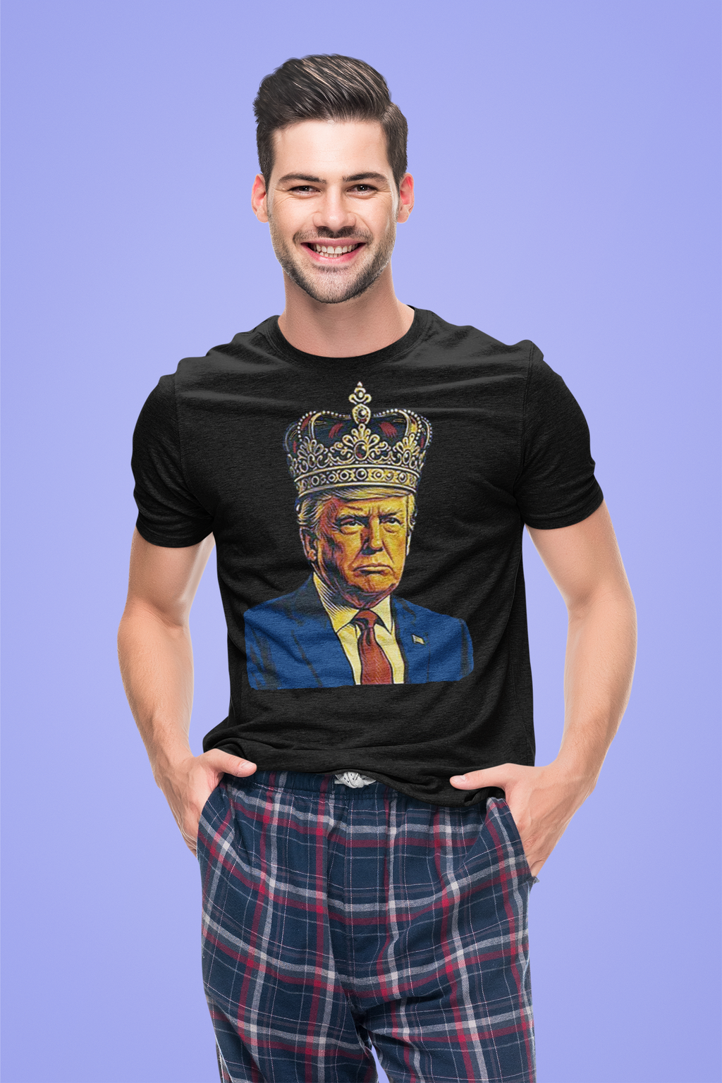 Young man wearing King Trump Vintage Patriotic Style t-shirt with a crowned Trump graphic.