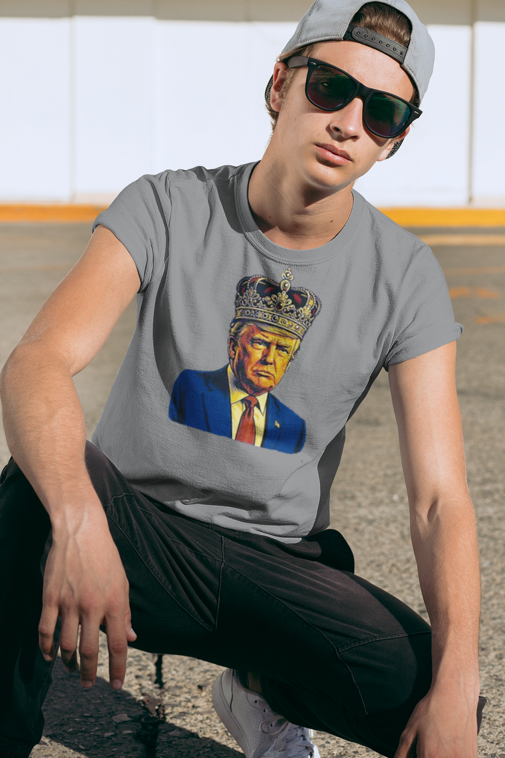 Young man wearing King Trump Vintage Patriotic Style t-shirt featuring a crowned Donald Trump graphic.