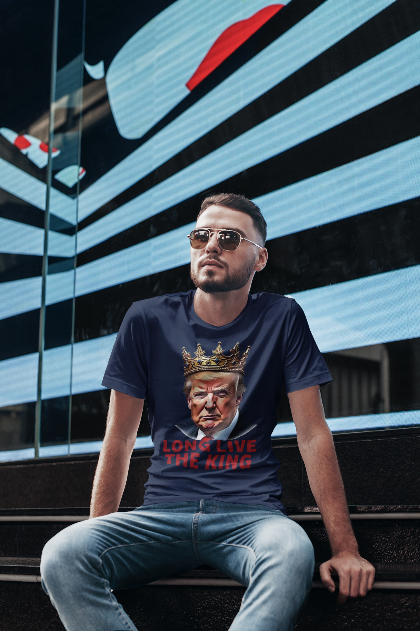 Man wearing a Long Live the King Vintage Shirt with a crown design, sunglasses, and urban backdrop.