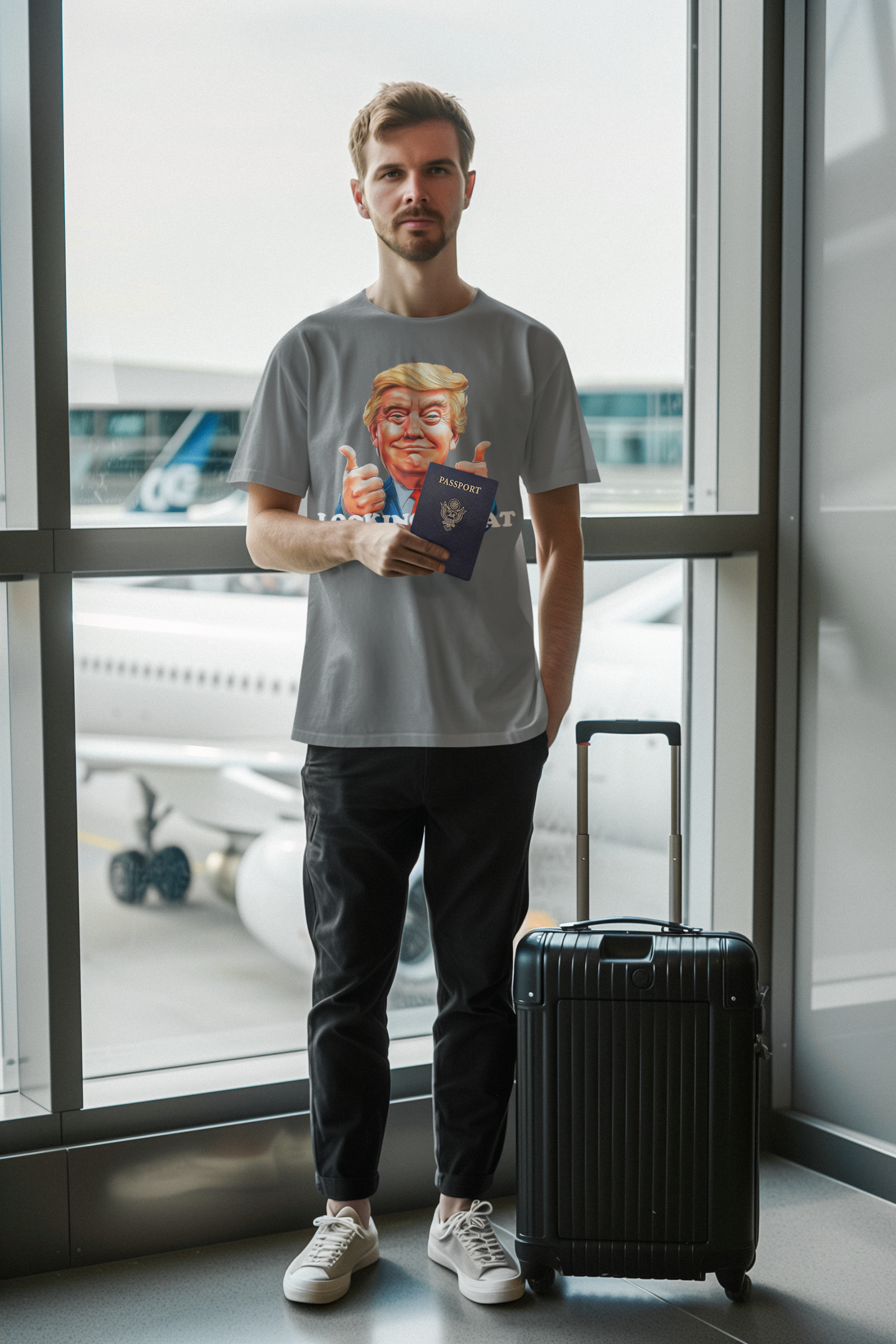 Man wearing Looking Great for '28 USA Shirt at airport, holding passport and suitcase, ready for travel.