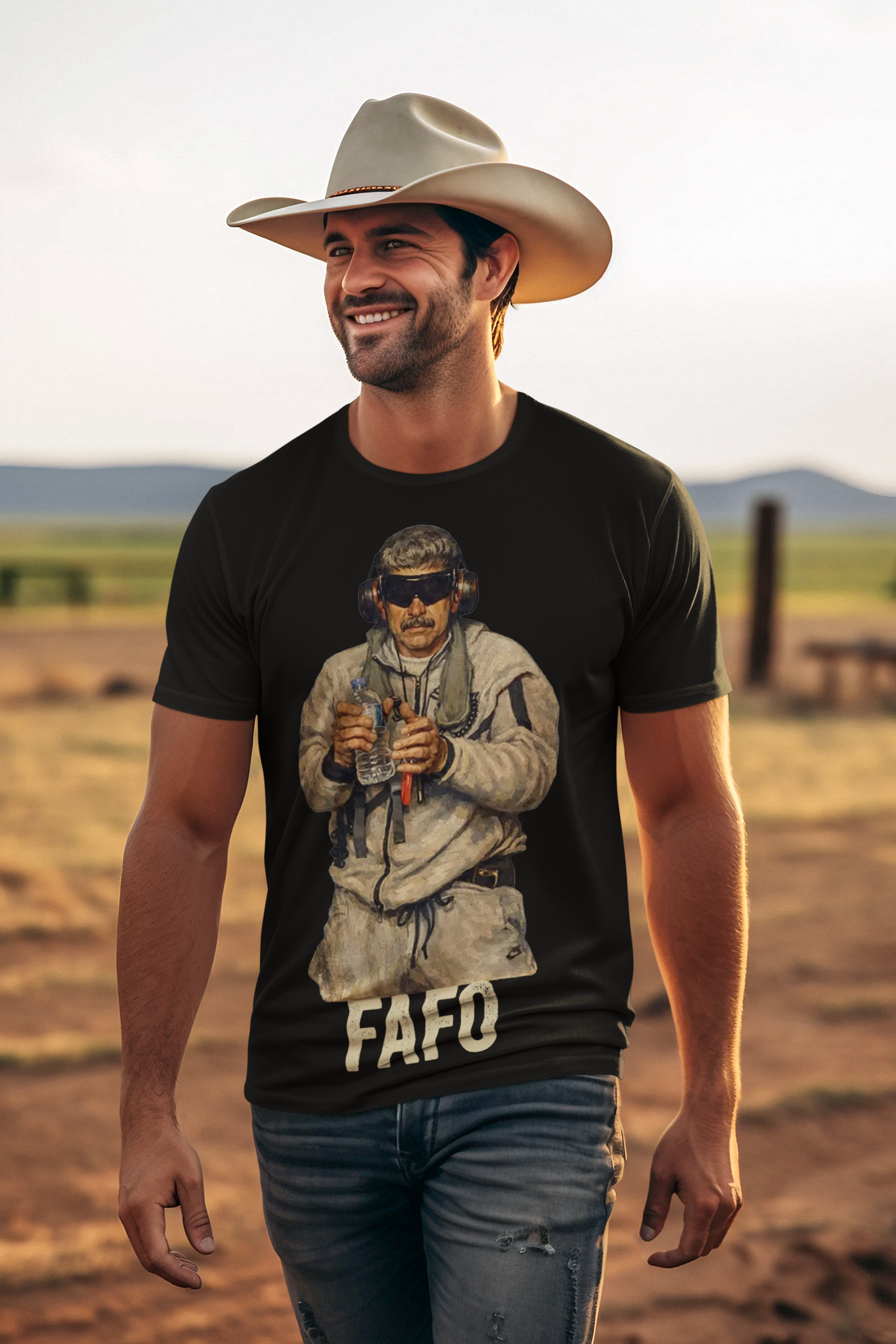 Man wearing a FAFO graphic t-shirt outdoors, showcasing the Maduro In Handcuffs FAFO Reality message.