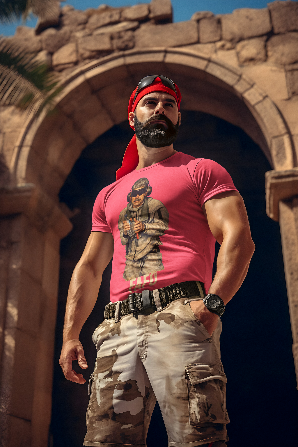 Man wearing Maduro In Handcuffs FAFO Reality t-shirt standing confidently in front of an ancient archway.