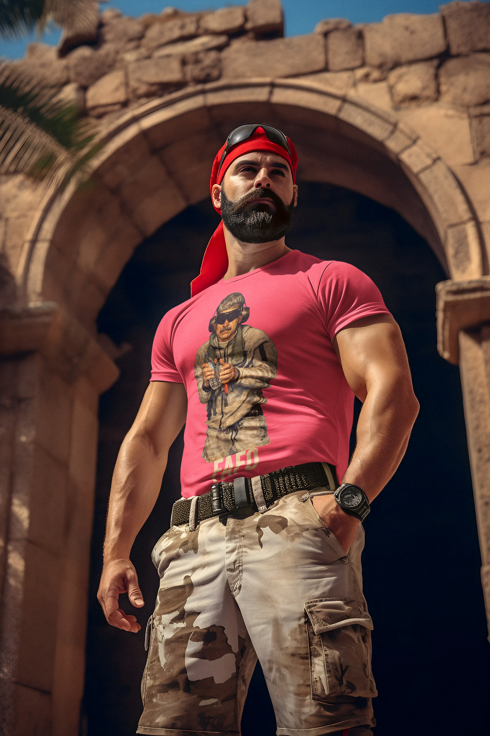 Man wearing Maduro In Handcuffs FAFO Reality t-shirt standing confidently in front of an ancient archway.