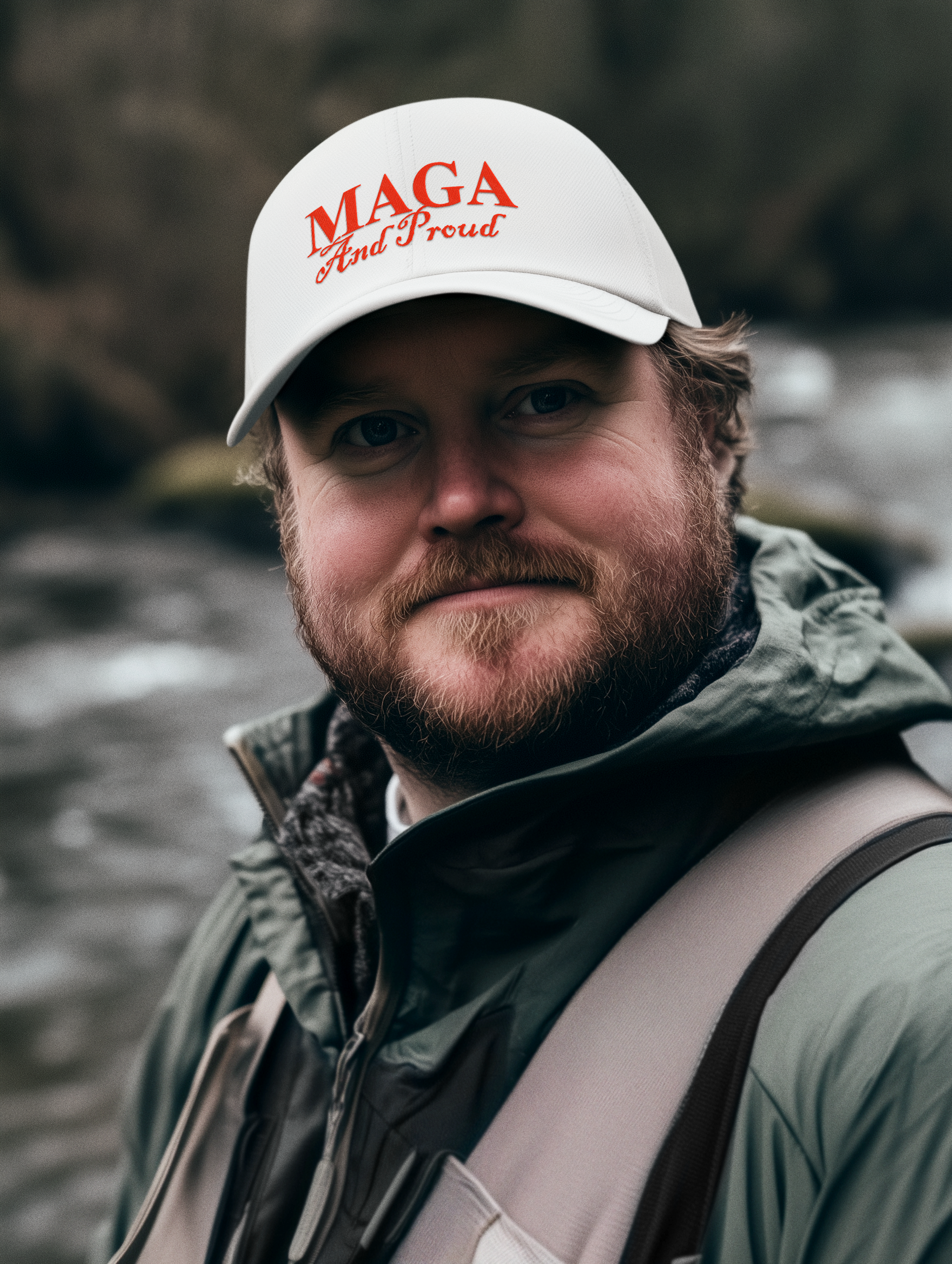 Man wearing a hat featuring MAGA And Proud Red Font Apparel by a river.