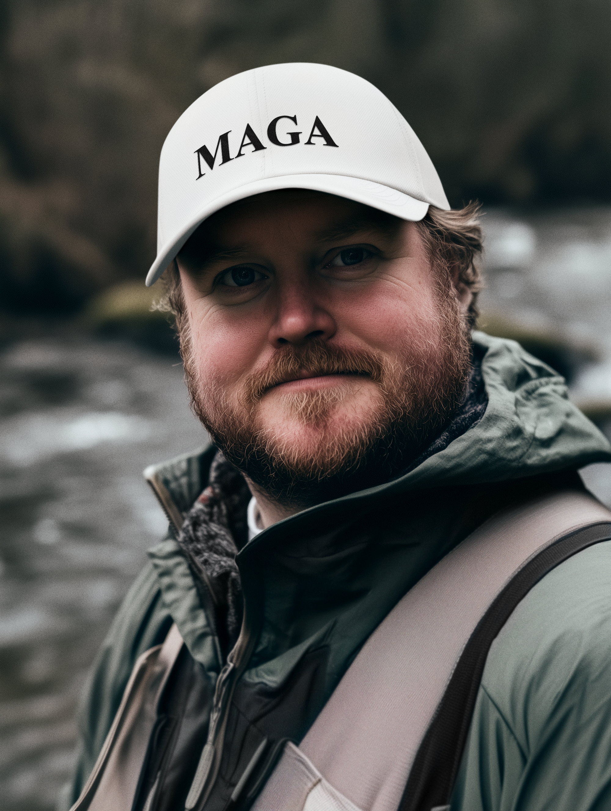 Man wearing a white cap with MAGA text, standing by a river, promoting the MAGA Black Letters Custom Print.