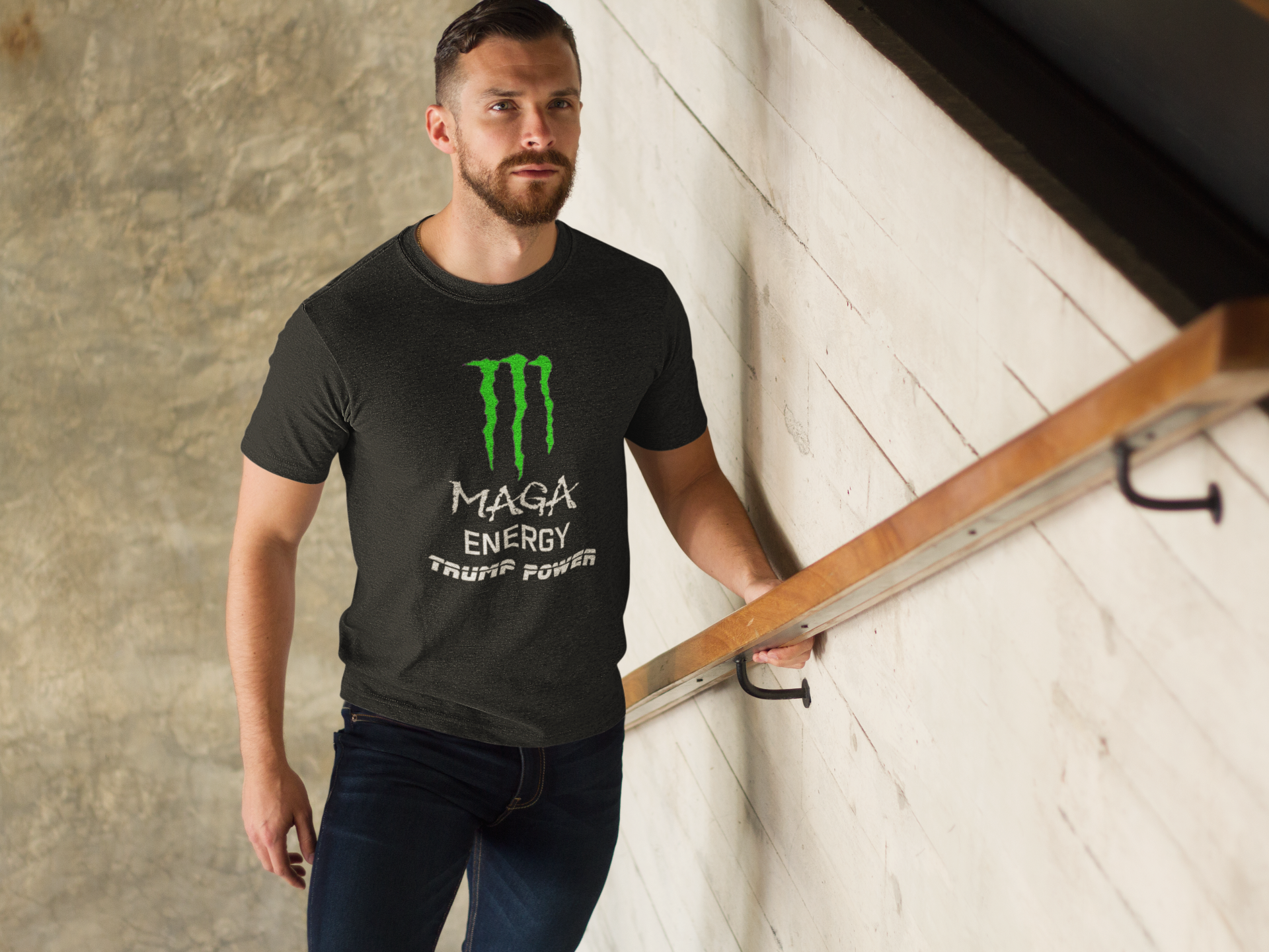 Man wearing MAGA Energy Trump Power USA Shirt while walking up stairs.