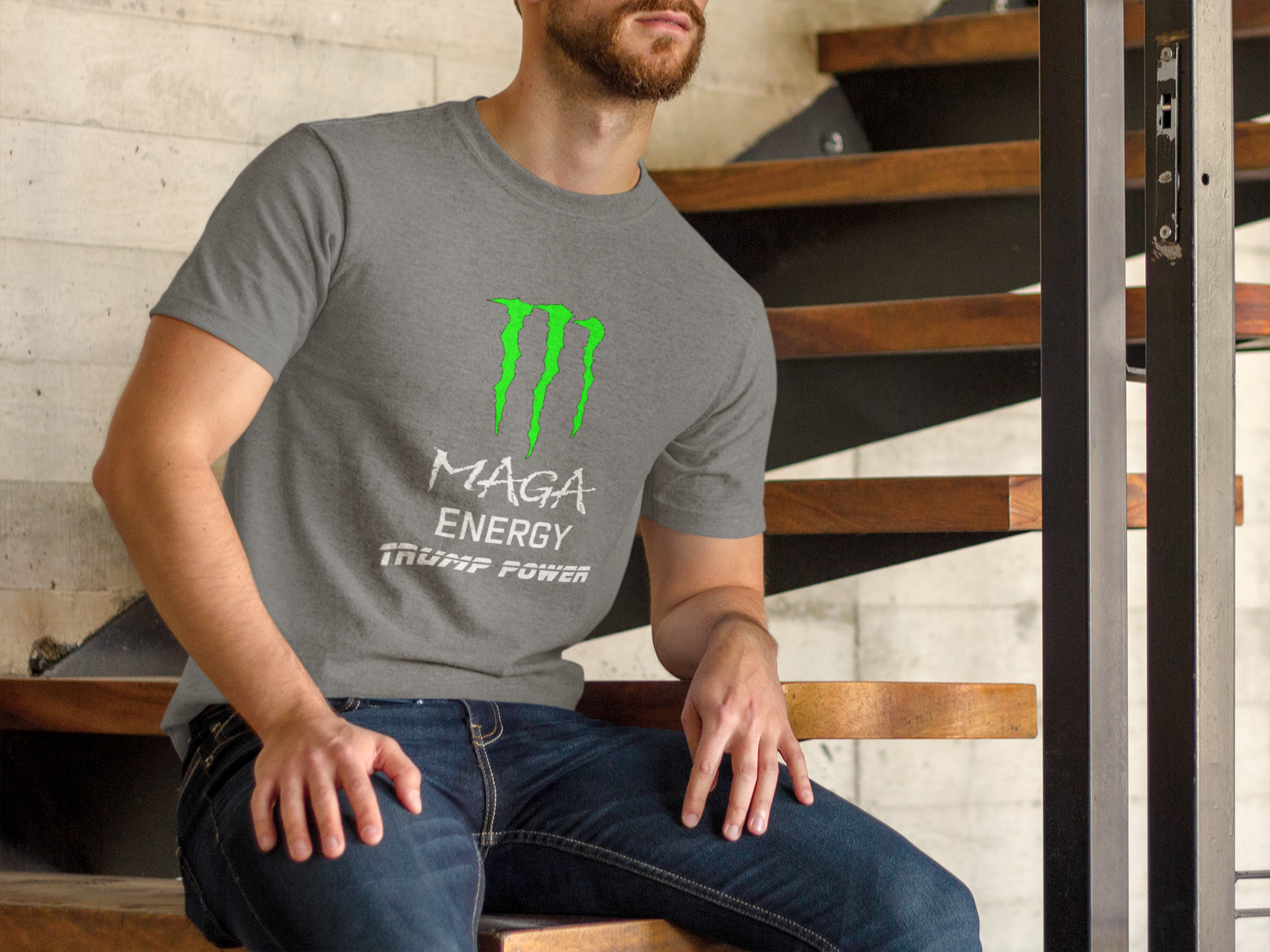 MAGA Energy Trump Power USA Shirt featured on a model sitting on stairs, showcasing bold political statement.