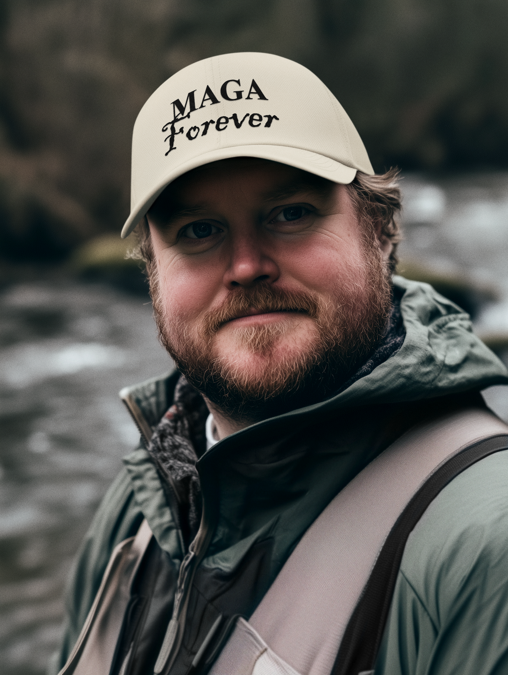 MAGA Forever Black Letters Style hat worn by man outdoors near water, showcasing patriotism and personal values.