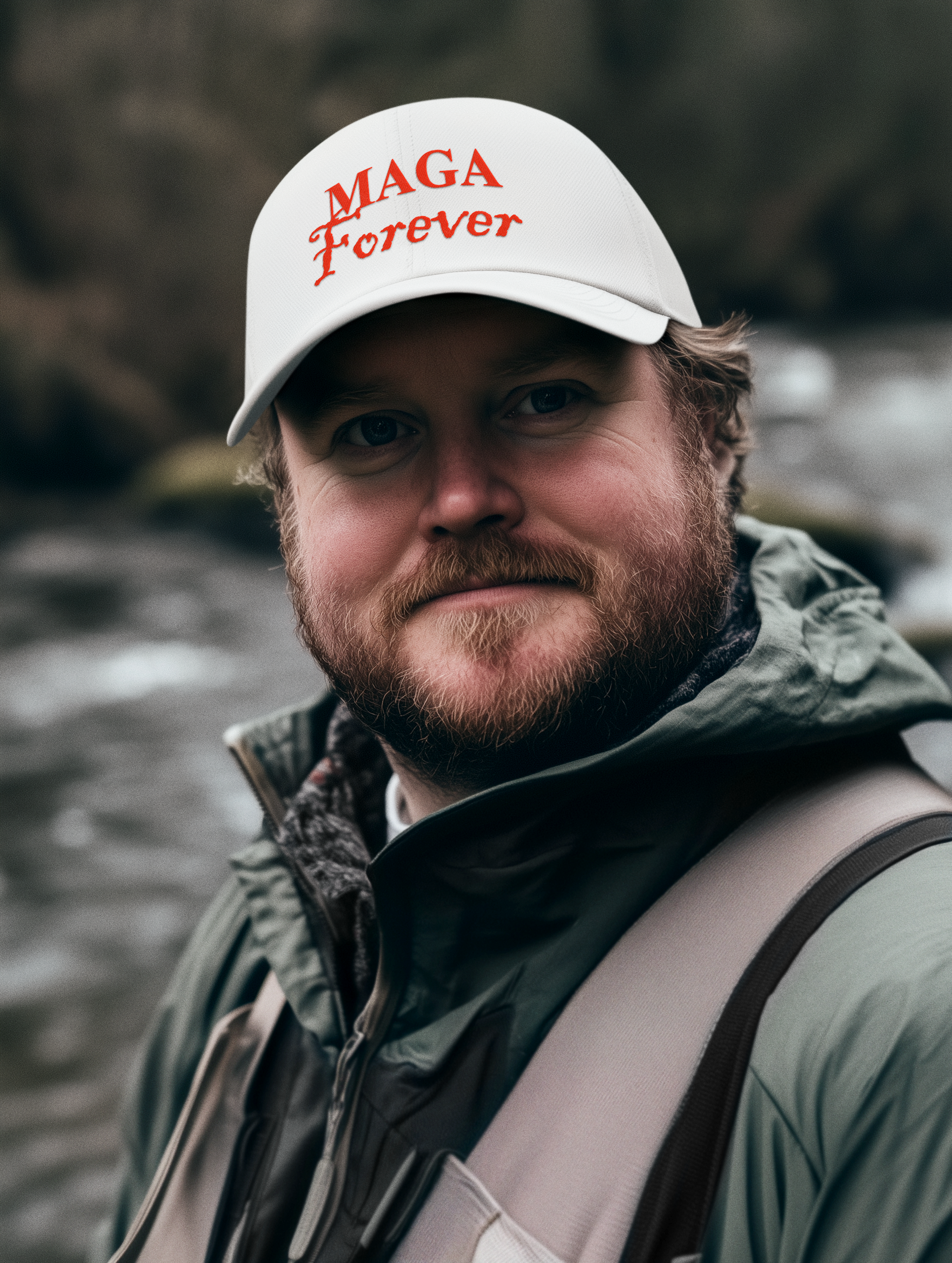 Man wearing MAGA Forever hat by a river, showcasing his support for the MAGA Forever Red Letters Graphic.
