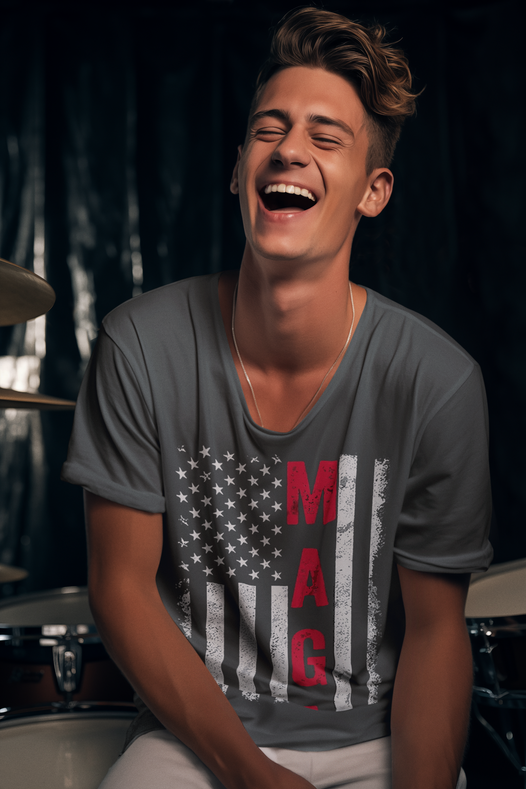 Young man laughing in MAGA B W American Flag Apparel, showcasing patriotic spirit with stylish design.