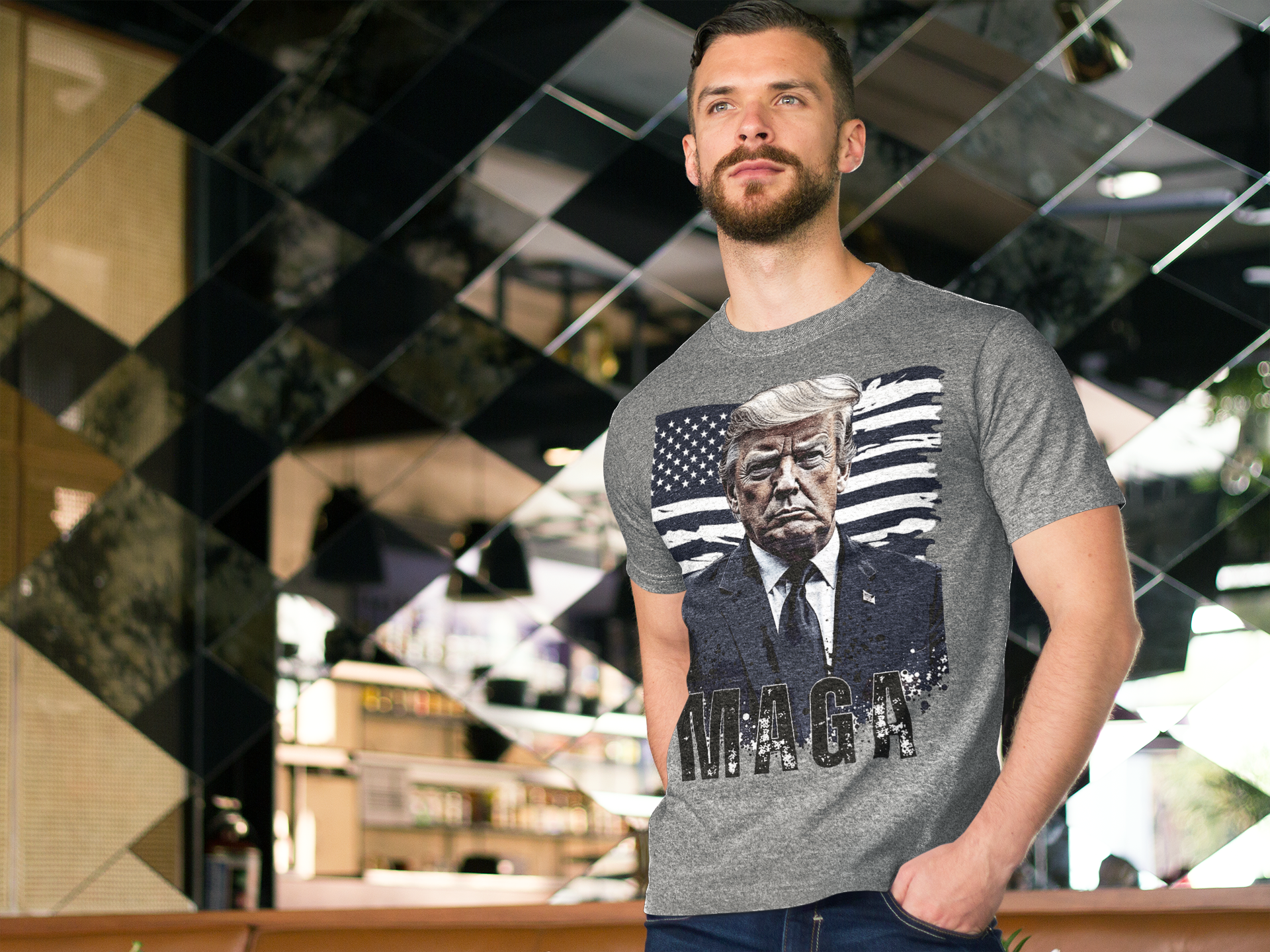 Man wearing MAGA Flag USA Patriotic Shirt Trump design in a modern cafe setting.