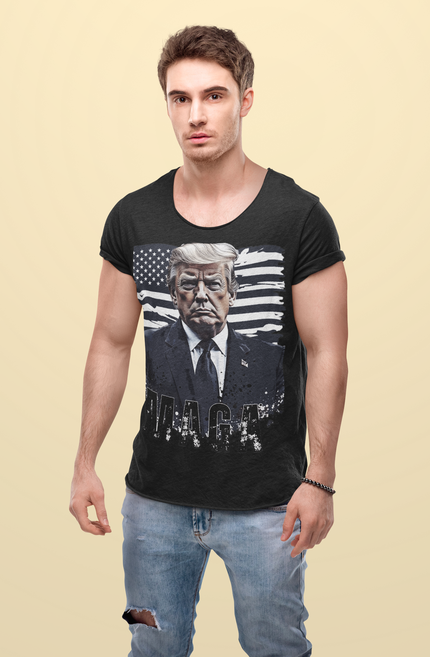MAGA Flag USA Patriotic Shirt Trump worn by a model with a serious expression, featuring a bold design.
