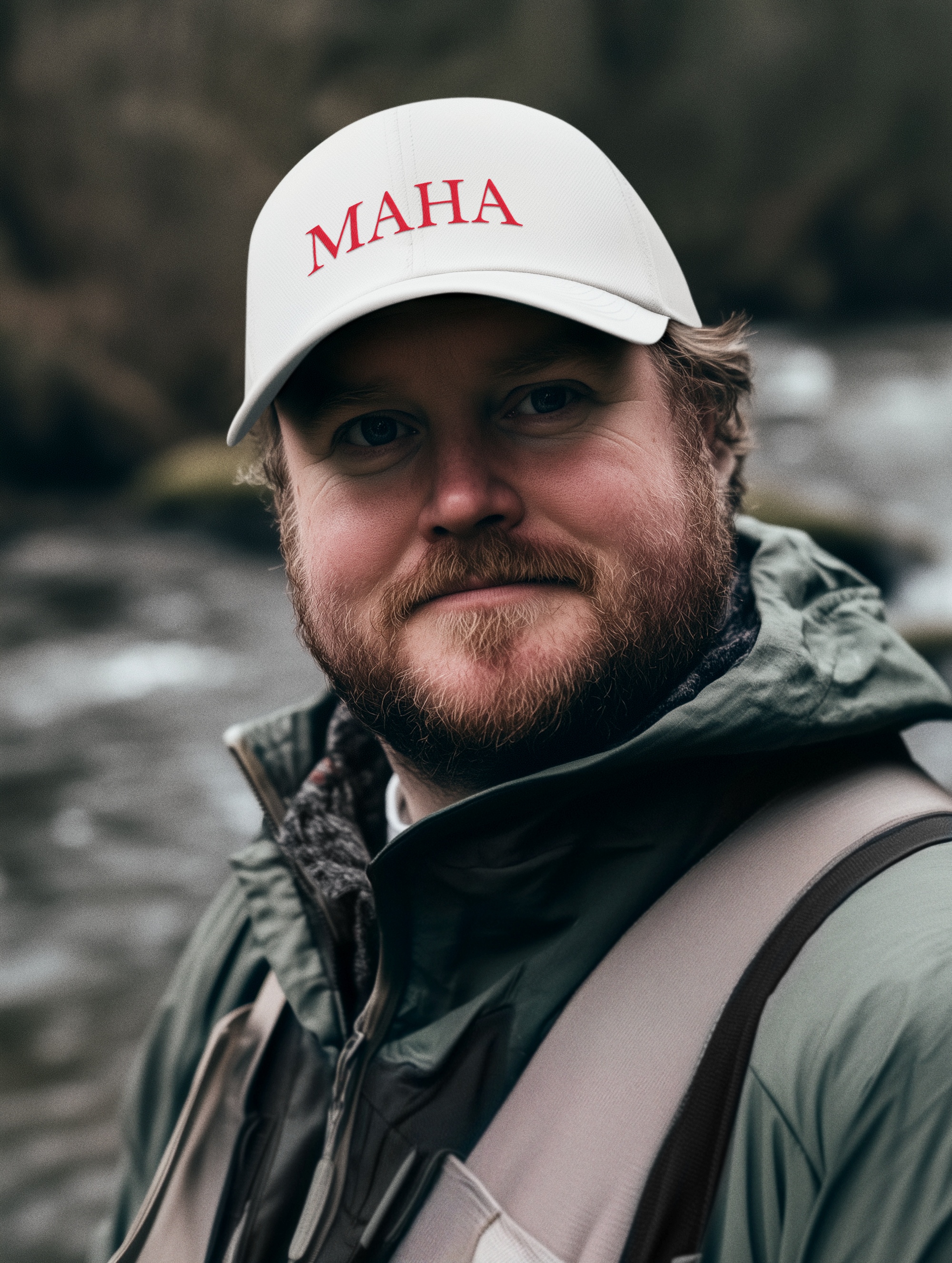 MAHA RED LETTERS Foam Mesh-Back Trucker Cap worn by a man near a river.