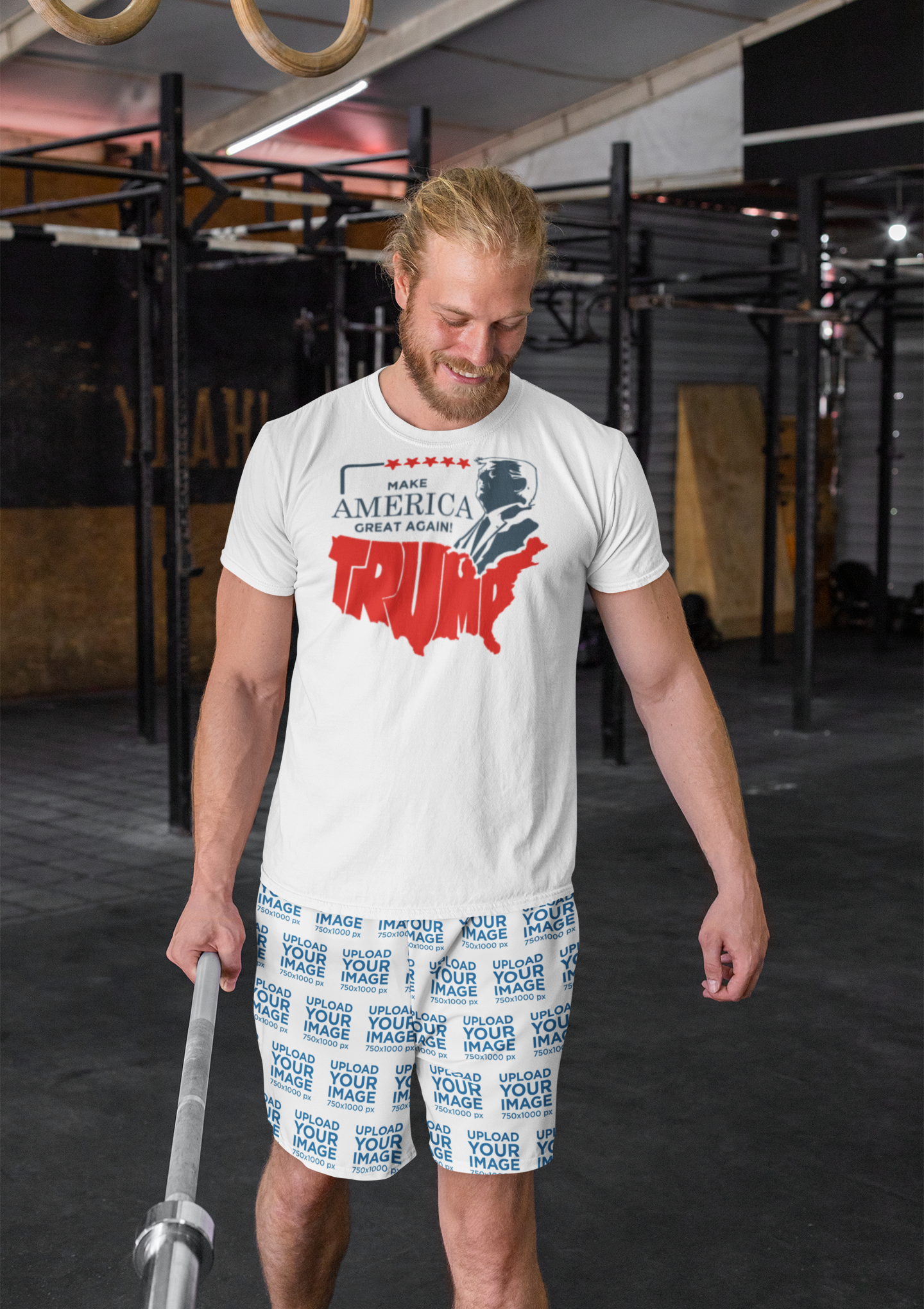 Man wearing Make America Great Again Trump Letters as USA t-shirt during workout in gym.