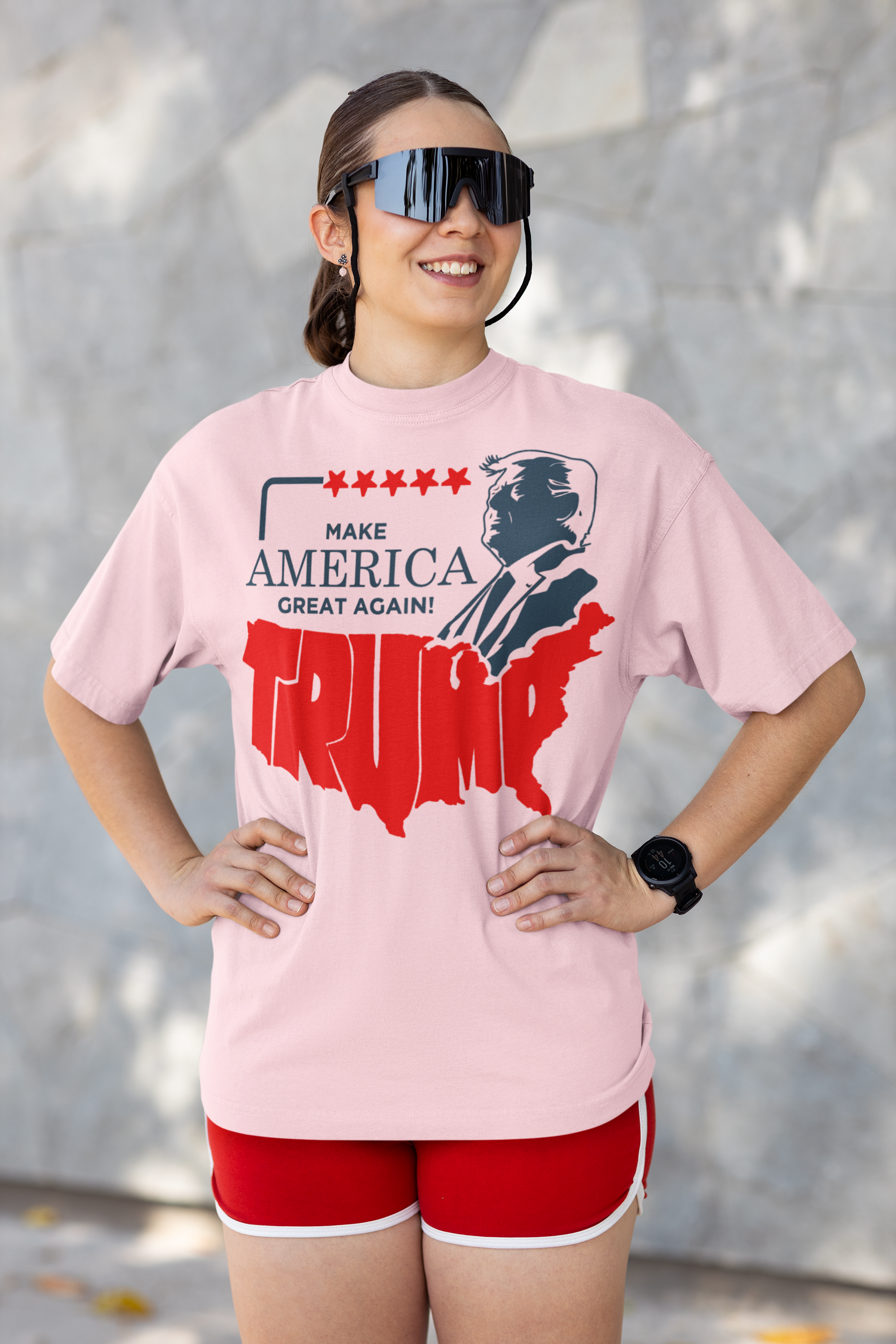 Make America Great Again Trump Letters as USA apparel worn by a model, symbolizing political support and expression.