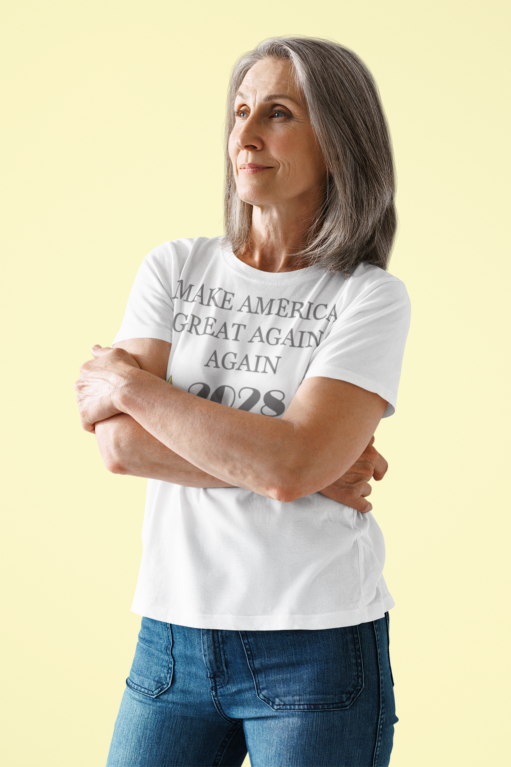 Woman wearing Make America Great Again Again T Shirt, showcasing a bold political statement on a white background.