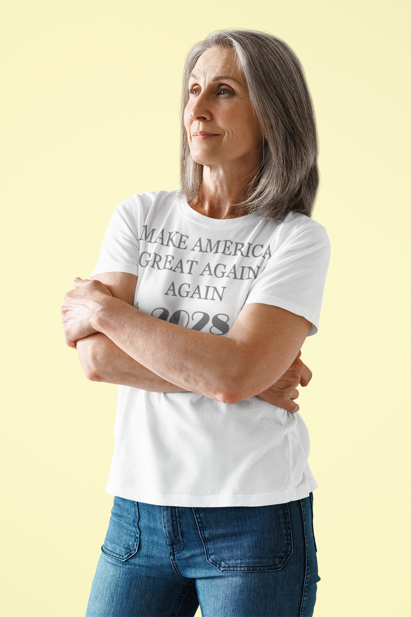 Woman wearing Make America Great Again Again T Shirt, showcasing a bold political statement on a white background.