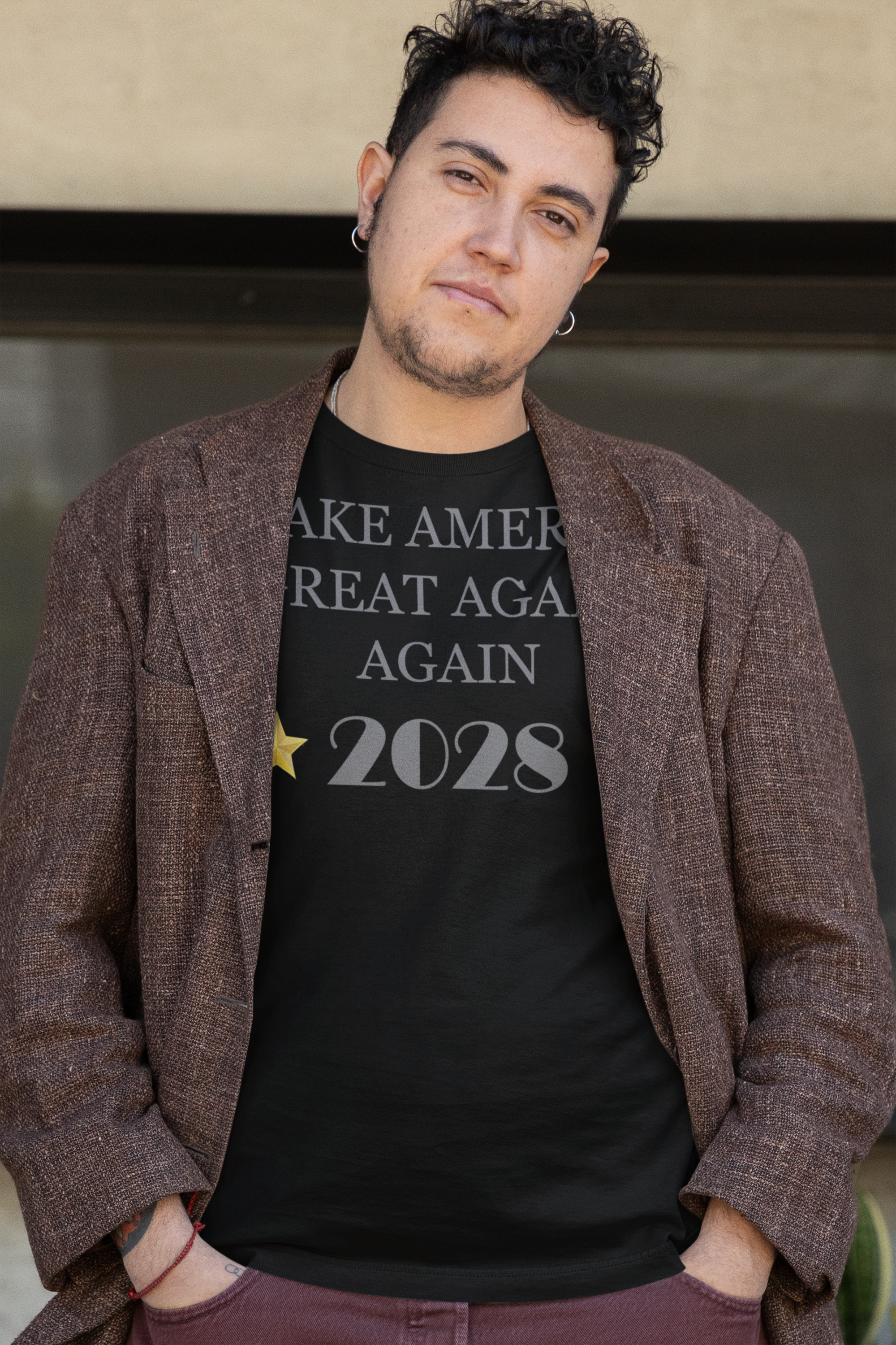 Make America Great Again Again T Shirt worn by a man with a stylish blazer and casual look, promoting a political statement.