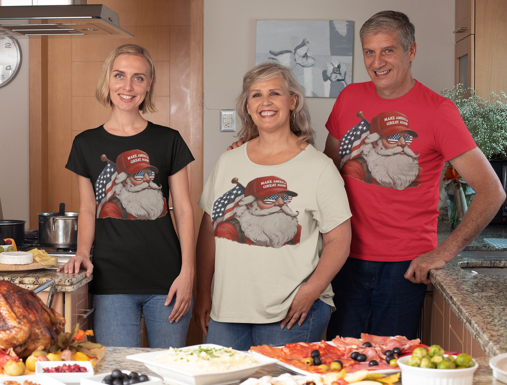MAGA Santa With Flag Apparel Art - Group of people wearing MAGA Santa graphic t-shirts in a festive kitchen setting.