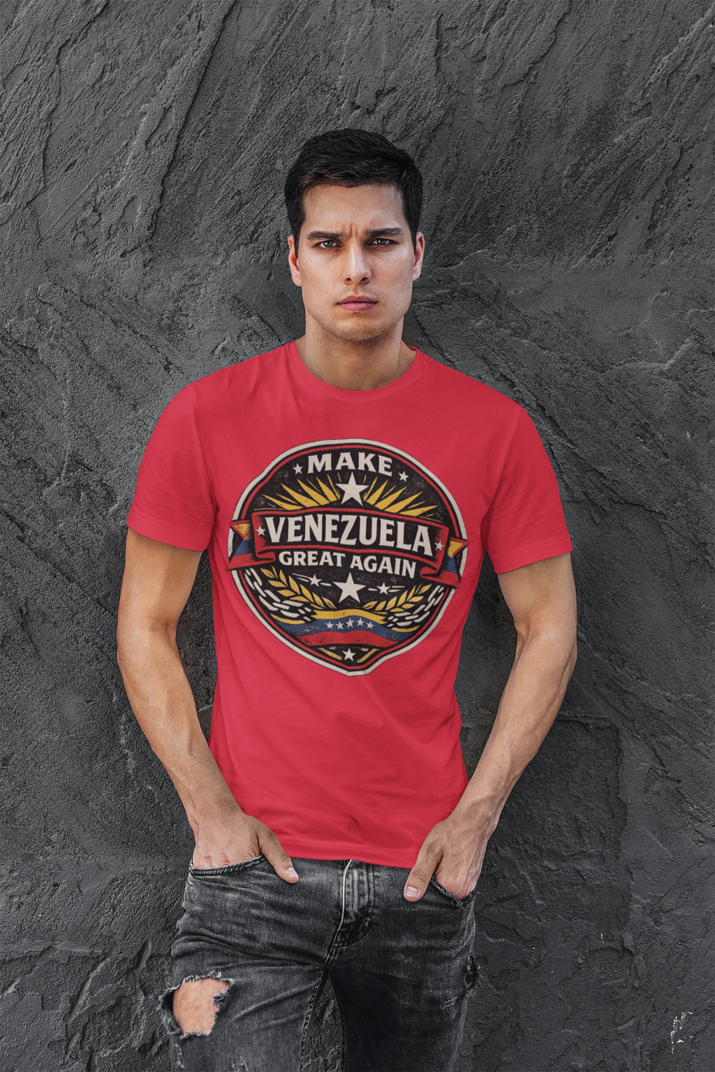 Man wearing a red shirt featuring the slogan Make Venezuela Great Again for the Future against a textured background.