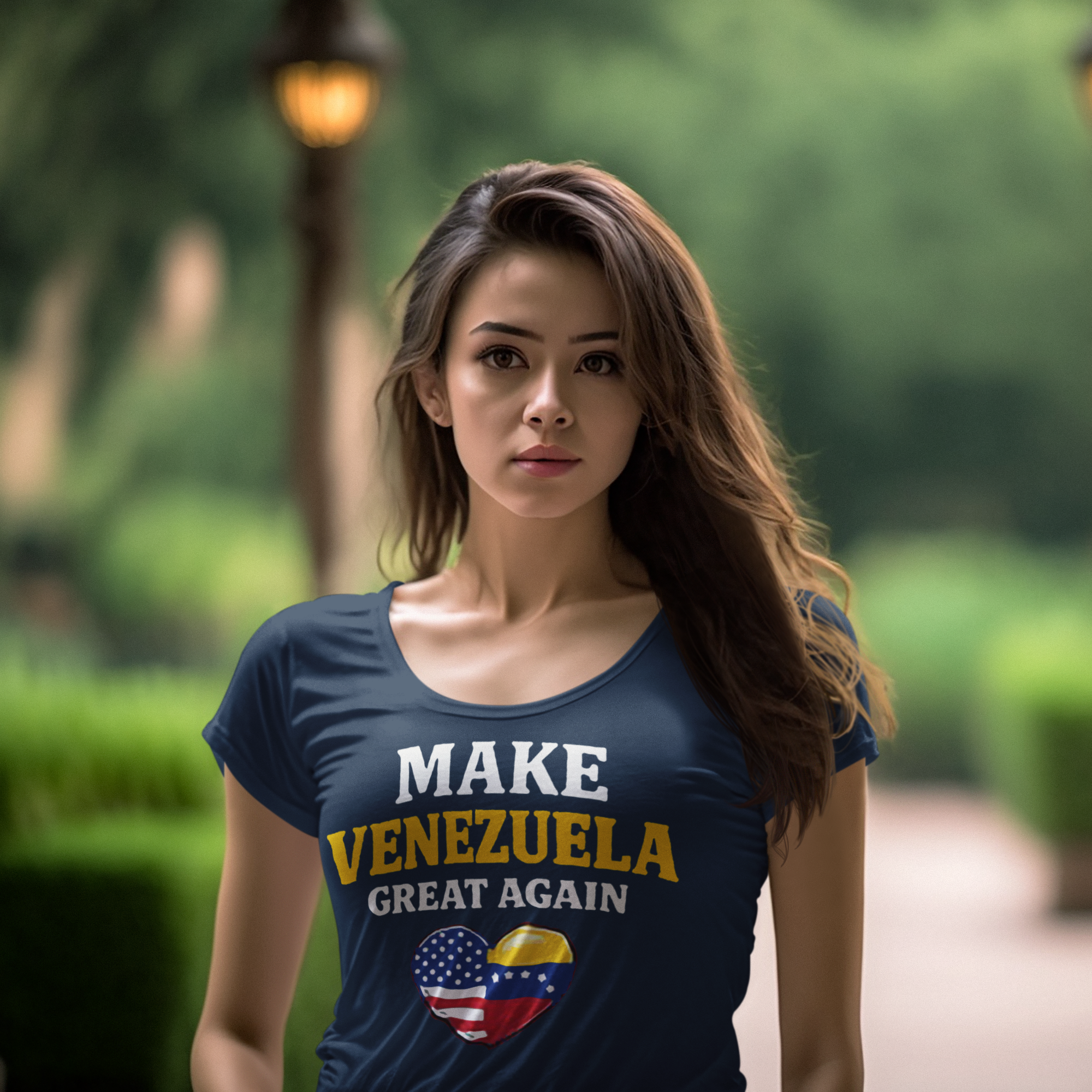 Make Venezuela Great Again With Flag Heart graphic tee worn by a woman in a scenic outdoor setting.