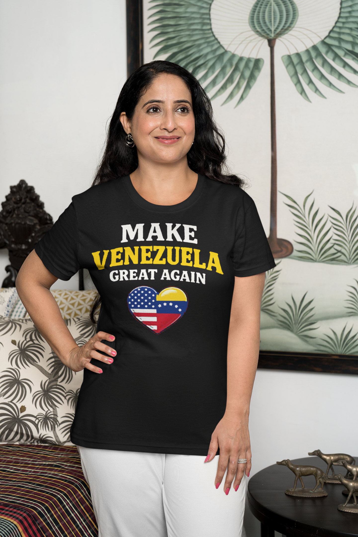 Make Venezuela Great Again With Flag Heart graphic t-shirt worn by a woman, showcasing patriotism and comfort.