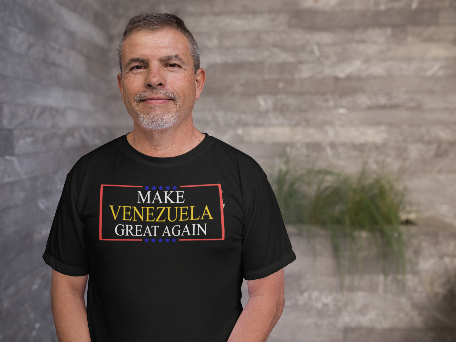 Man wearing Make Venezuela Great Again Stylish Graphic Apparel shirt against a textured background.