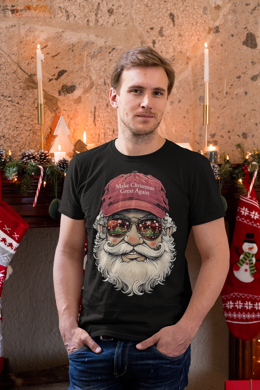 Man wearing Make Christmas Great Again Santa With MAGA Hat t-shirt in a festive holiday setting with stockings.